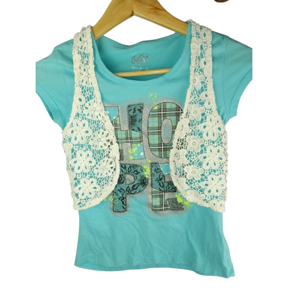 Justice Y2K Vintage Aqua Graphic Tee with White Crochet Vest